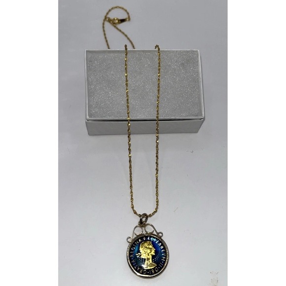 Enameled Glass Covered 1967 Sixpence 1962 Golden Hind Half Penny 18" Necklace - Picture 2 of 5